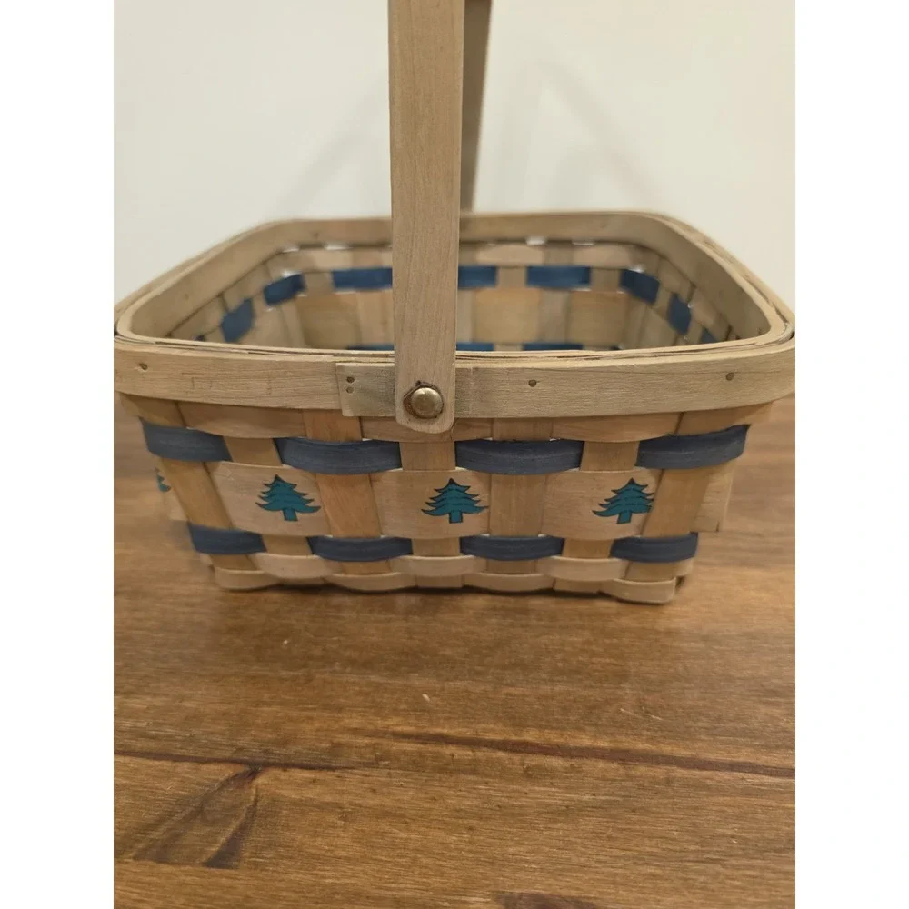 VTG Boho Woven Basket Multi Color Pine Tree Christmas Decor Handle Cottagecore